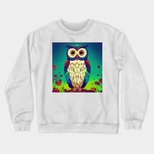 Colorful Owl on Branch Portrait Illustration - Bright Vibrant Colors Bohemian Style Feathers Psychedelic Bird Animal Rainbow Colored Art Crewneck Sweatshirt